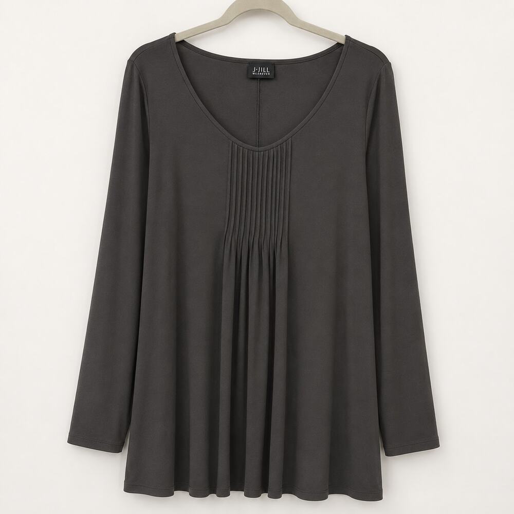 Eileen Fisher Silk Jersey Pintuck Tunic Large Stretch V-Neck 3/4 Sleeves Vintage